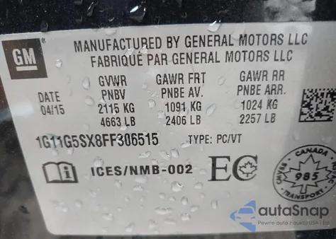 2015 Chevrolet Malibu 2Lz z USA, uszkodzony, nr VIN 1G11G5SX8FF306515